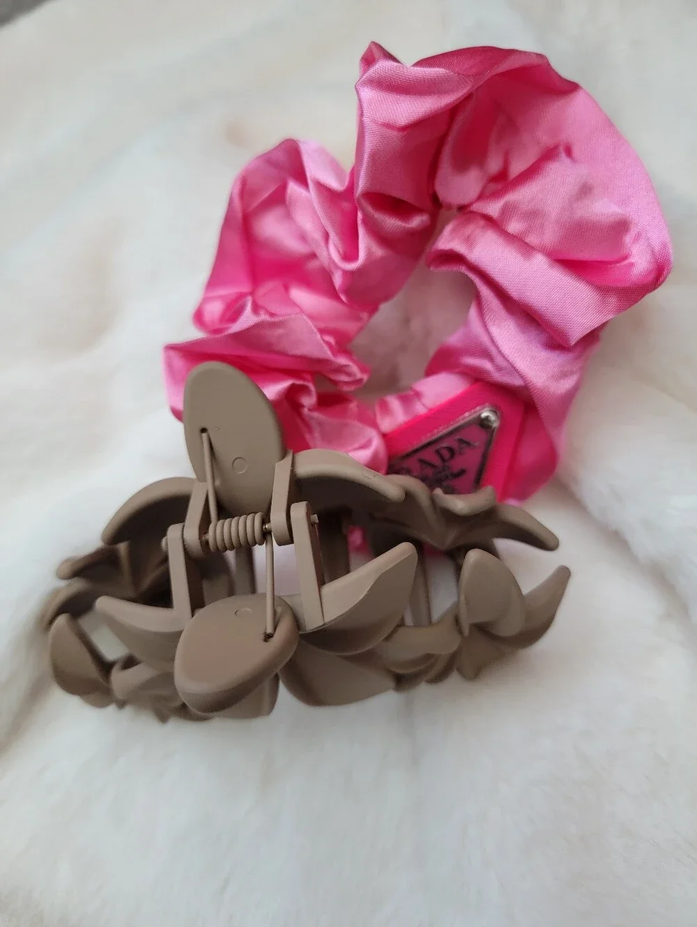 2pcs Pink Satin Scrunchie with Taupe Flower Hair Clip
